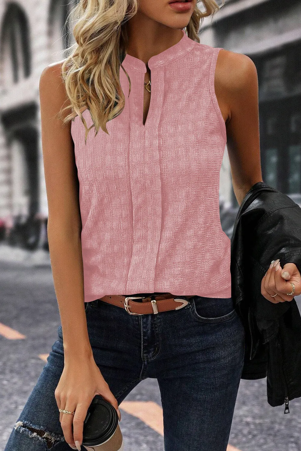 Lattice Textured Split Neck Tank Top