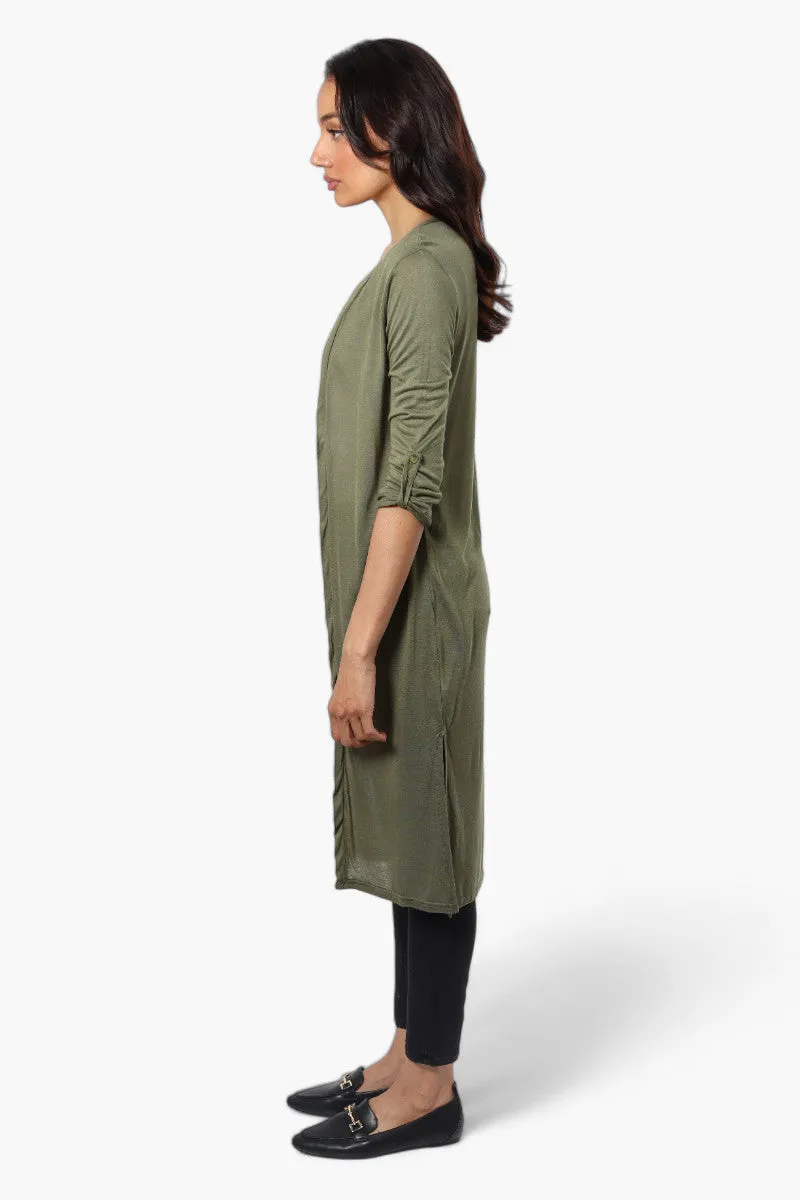 Magazine Roll Up Sleeve Open Duster Cardigan - Olive