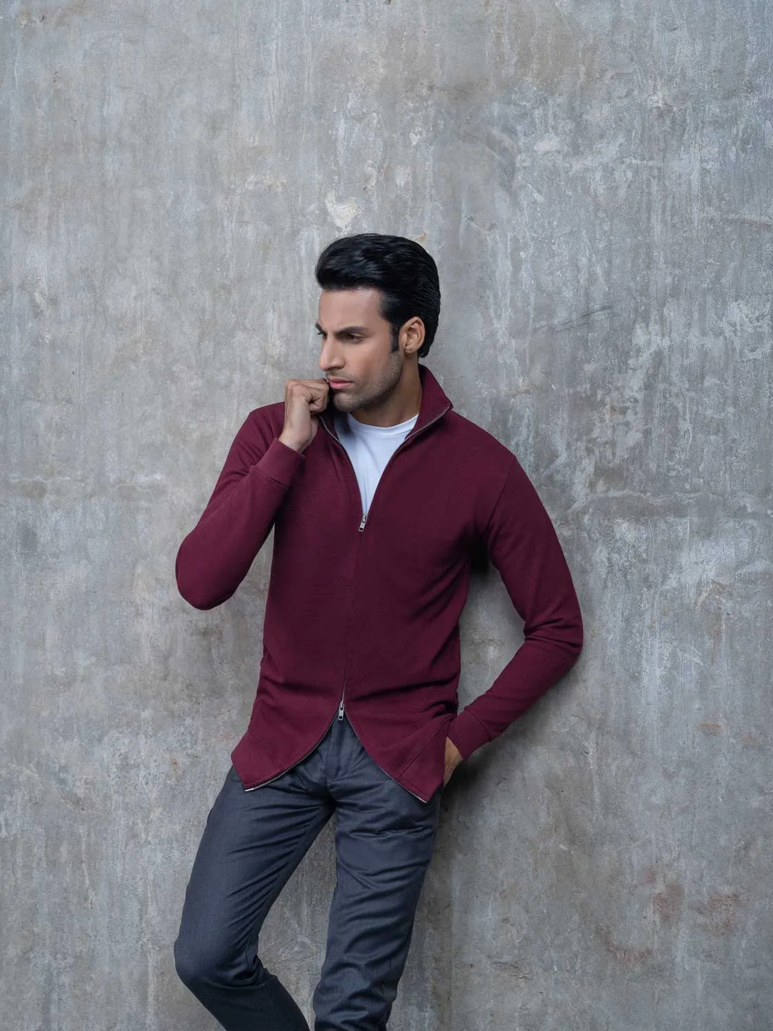 Maroon Double Zip High Neck Cardigan