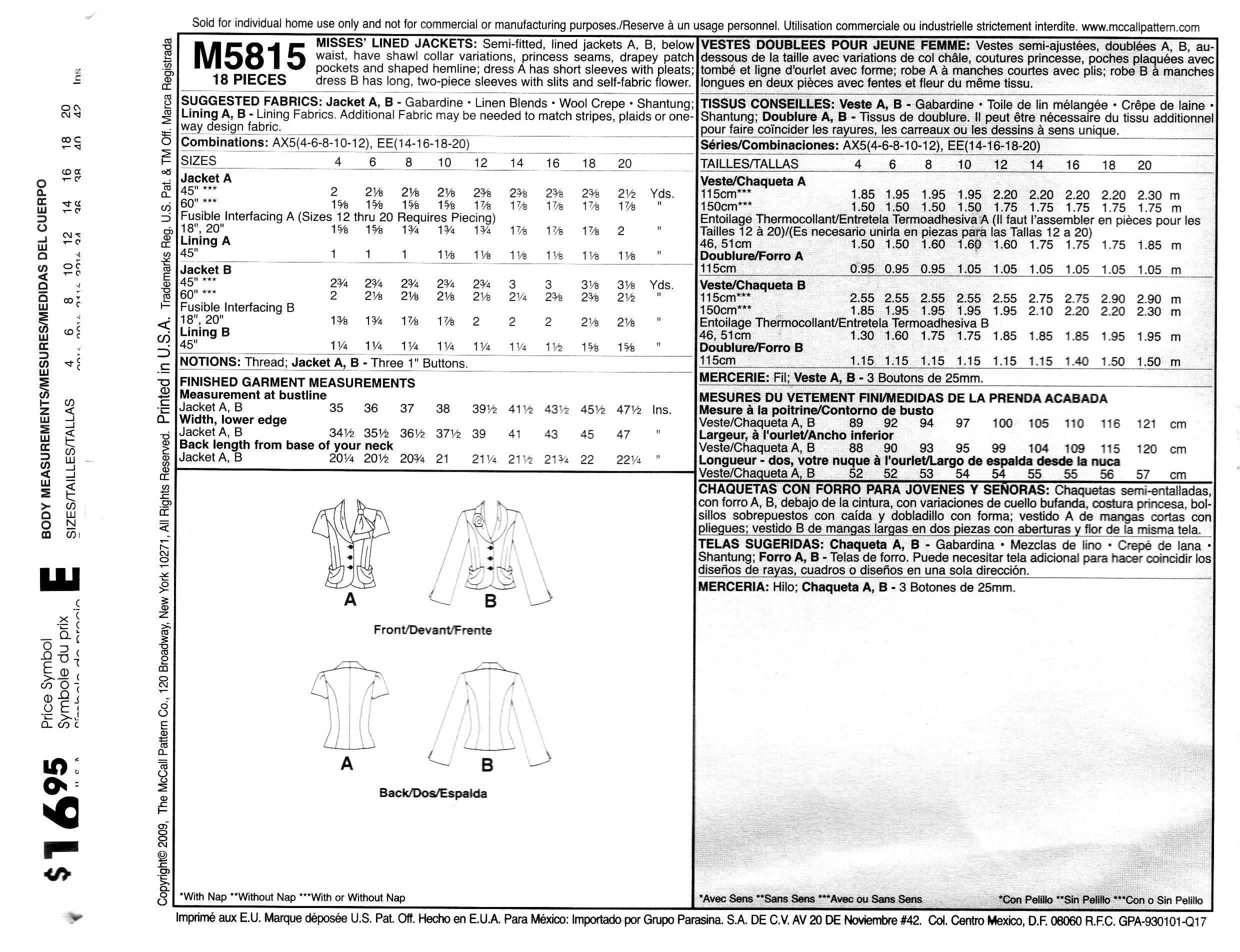 McCall's 5815 Misses Lined Jackets