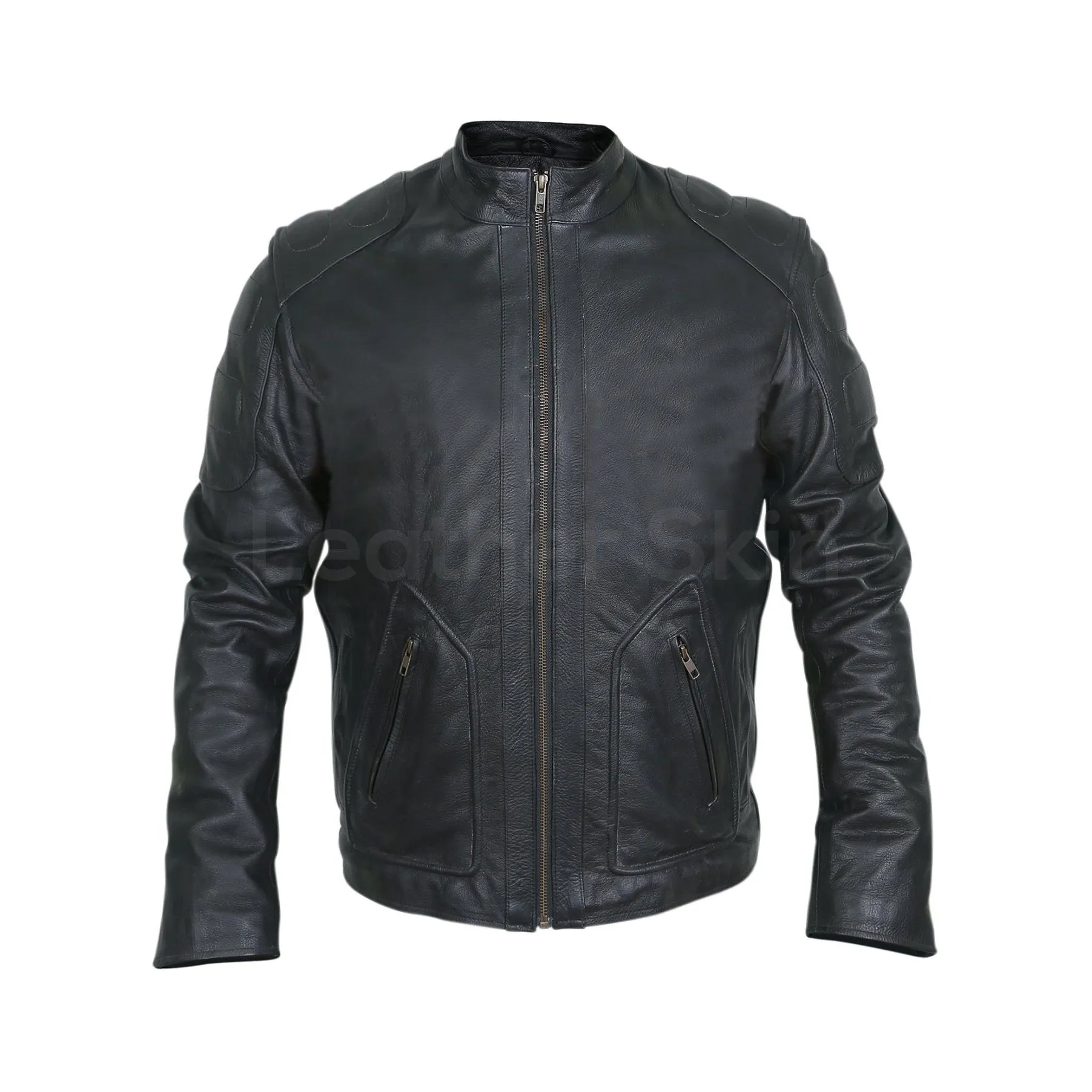 Men Black Motorcycle Genuine Leather Jacket with Shoulder Pads