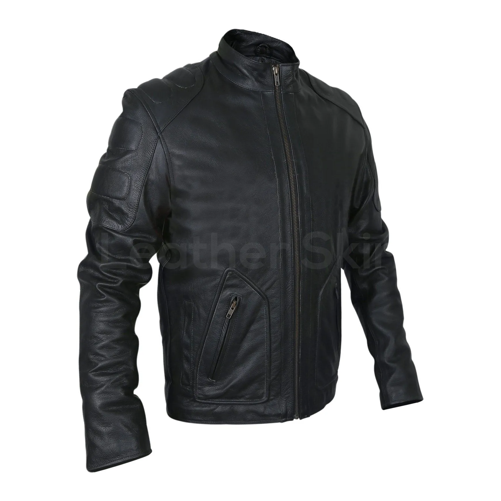 Men Black Motorcycle Genuine Leather Jacket with Shoulder Pads