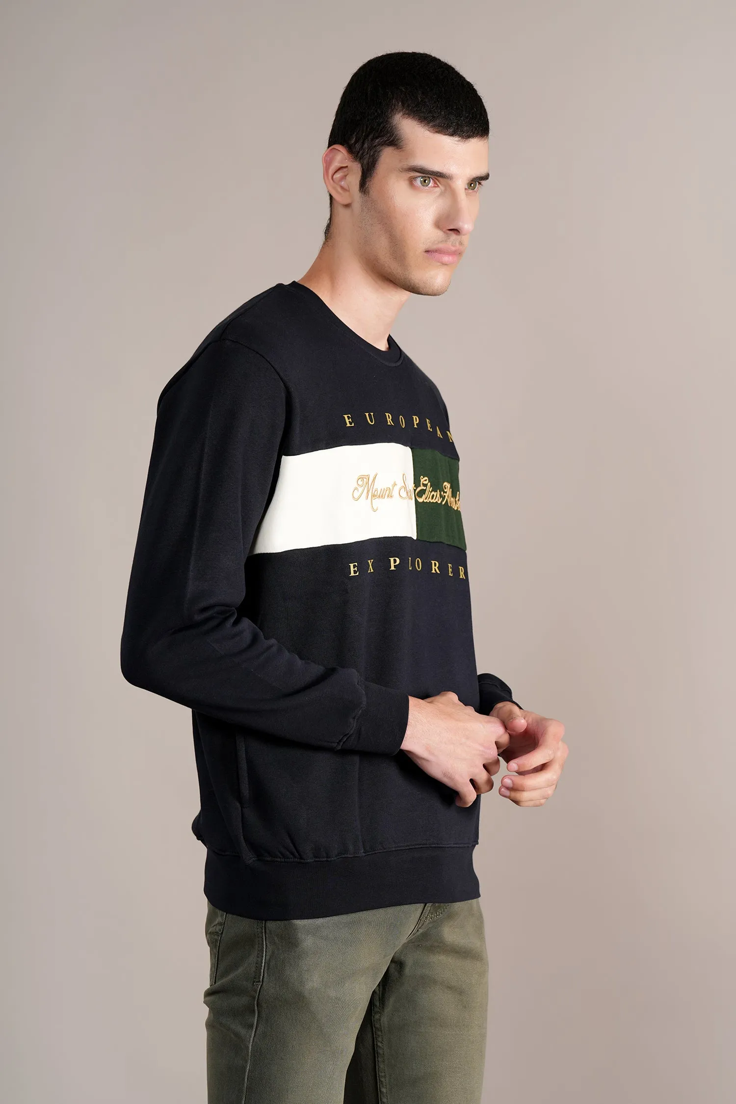 Men's Printed Navy Round Neck Sweatshirt