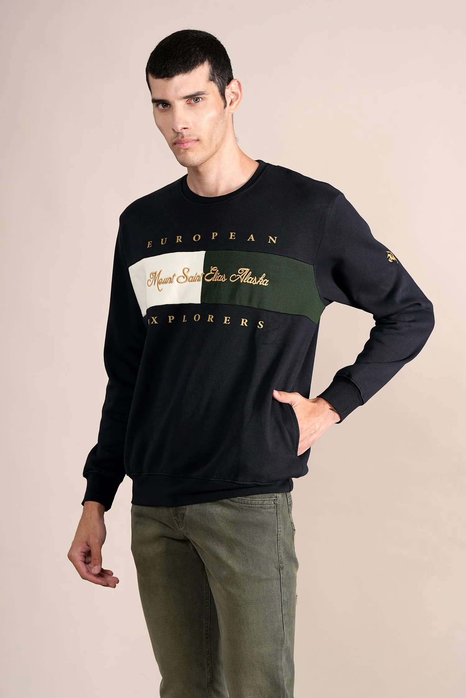 Men's Printed Navy Round Neck Sweatshirt