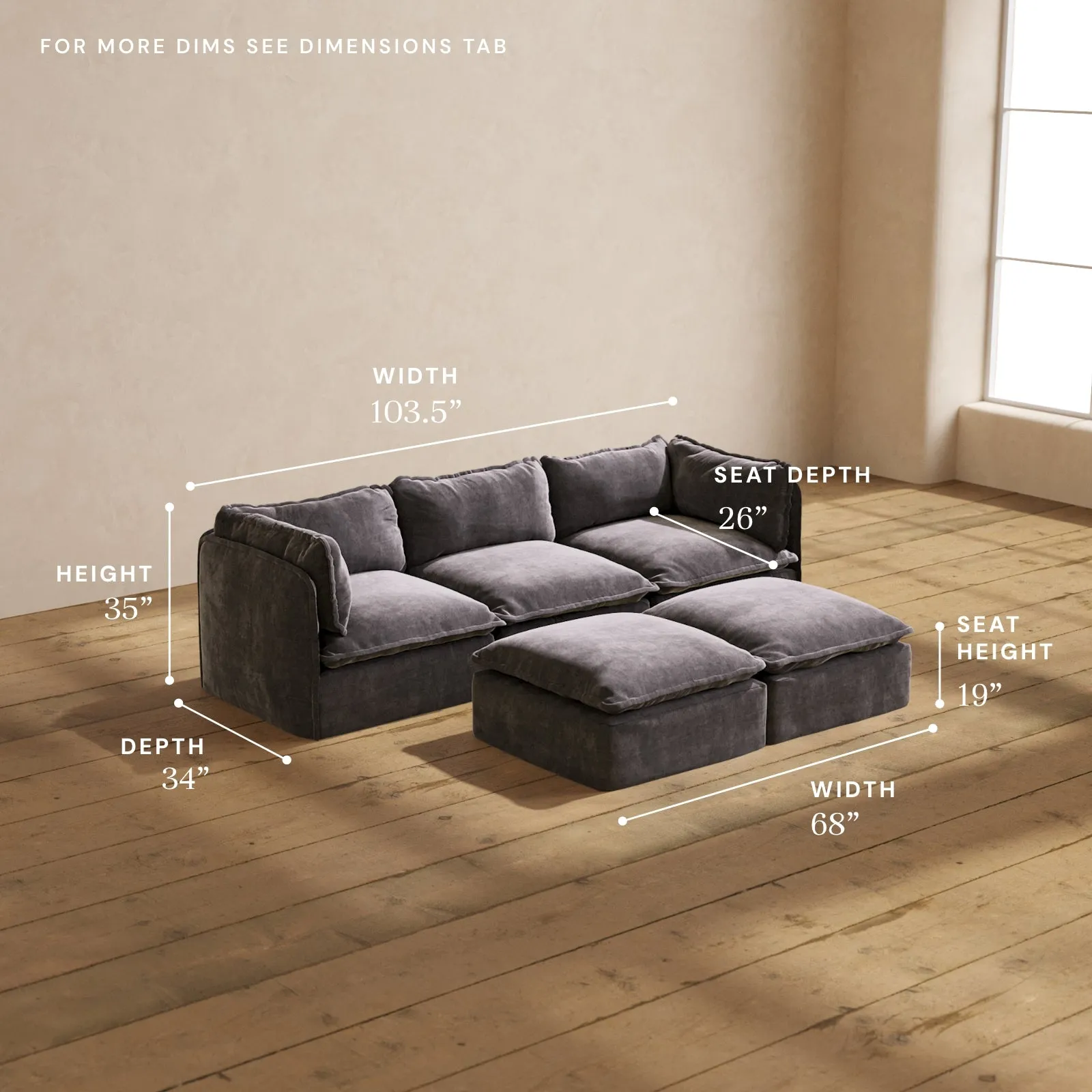 Modular Performance 3-Seater   Bench Ottoman in Cinder | Relaxed Blend