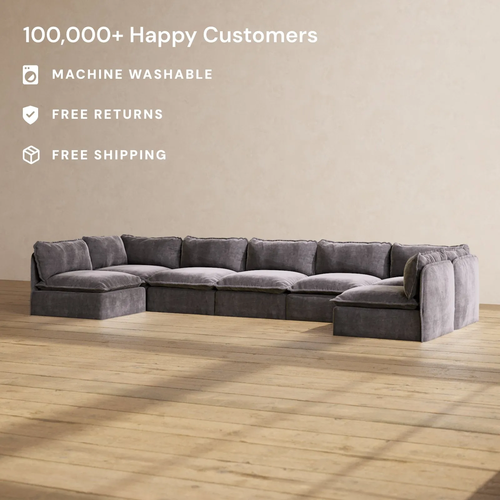 Modular Performance 7-Seater Open-Ends U-Sectional in Cinder | Relaxed Blend