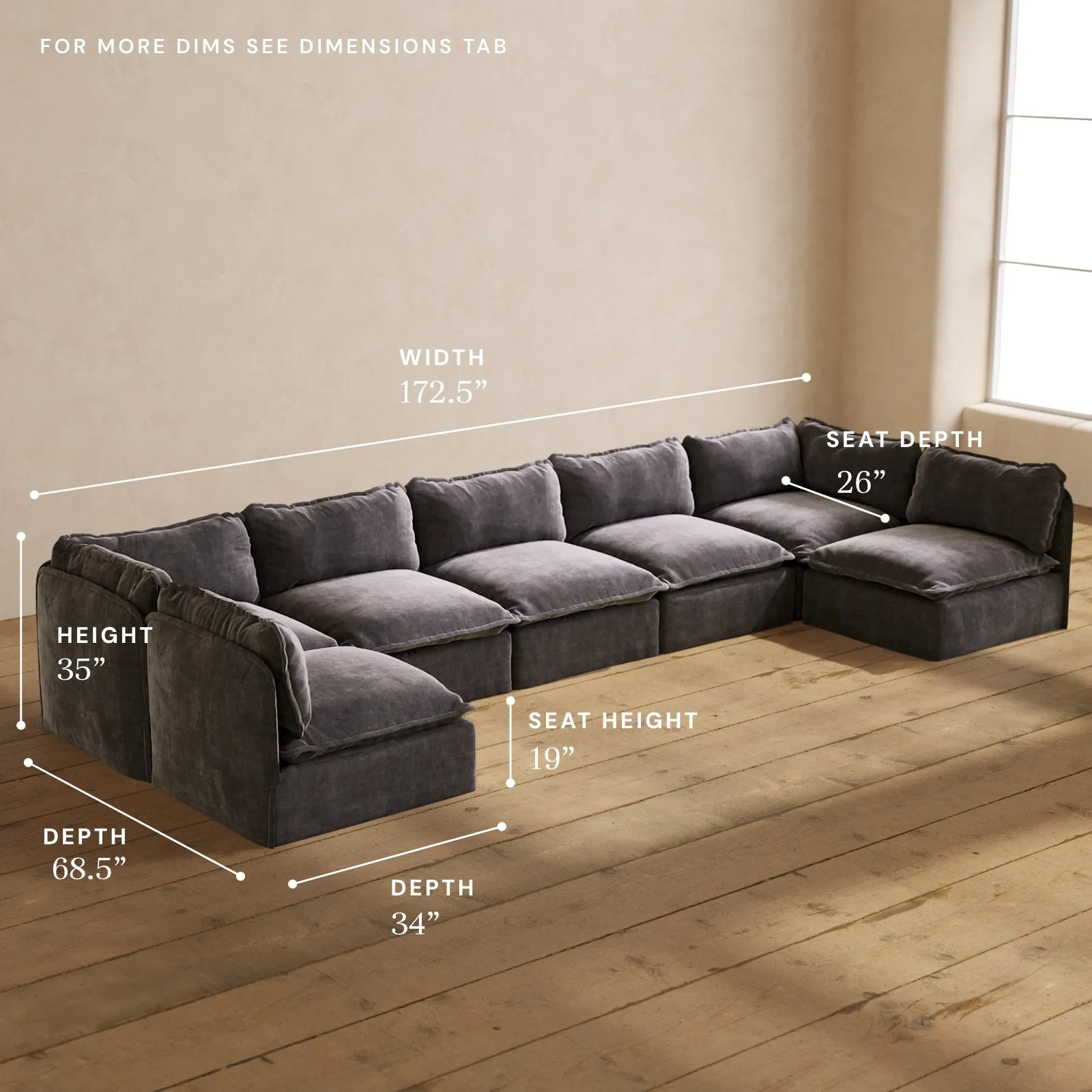 Modular Performance 7-Seater Open-Ends U-Sectional in Cinder | Relaxed Blend