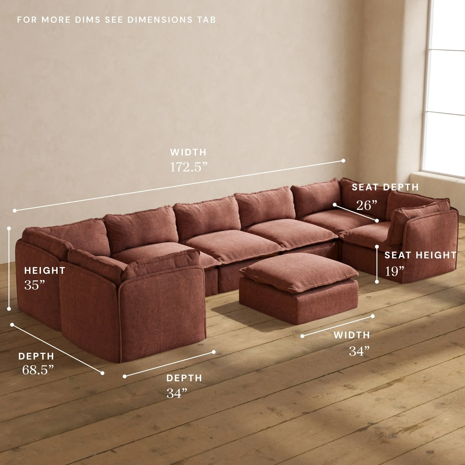 Modular Performance 7-Seater U-Sectional   Ottoman in Chestnut | Relaxed Blend