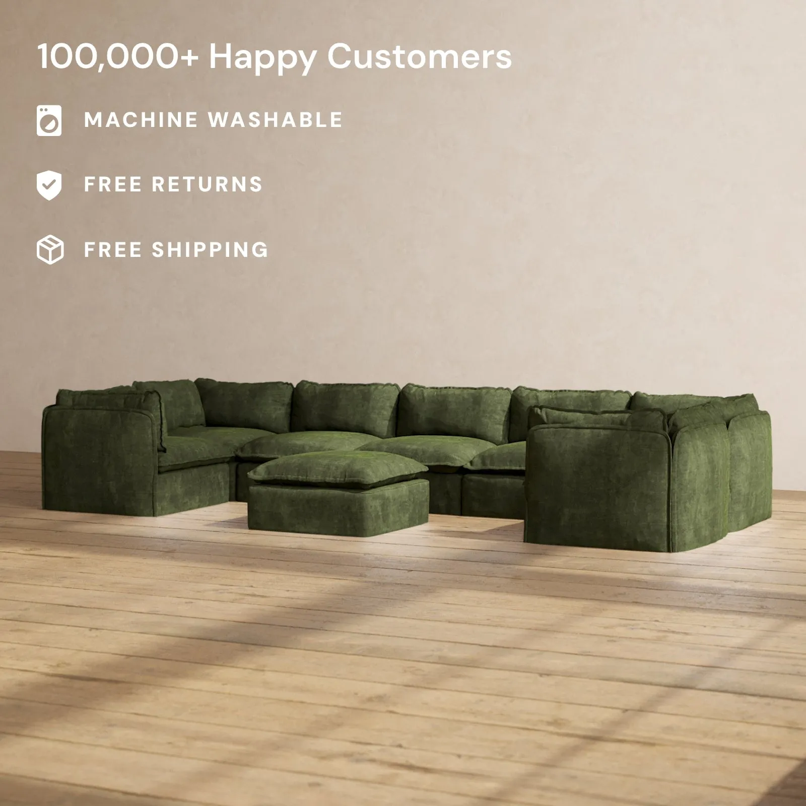 Modular Performance 7-Seater U-Sectional   Ottoman in Olive | Relaxed Blend