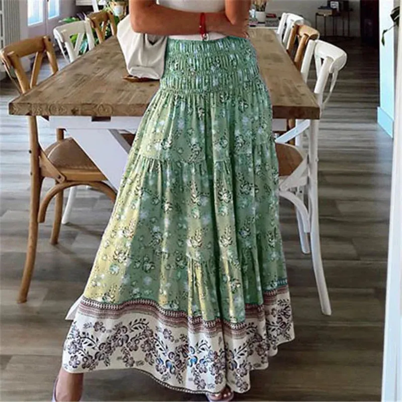 MQTIME  -  Summer New Women's Printing Skirts Elastic High Waist Long Skirt Floral Pleated A-line Boho Skirts Chic Mujer Maxi Skirts