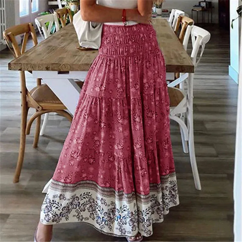 MQTIME  -  Summer New Women's Printing Skirts Elastic High Waist Long Skirt Floral Pleated A-line Boho Skirts Chic Mujer Maxi Skirts