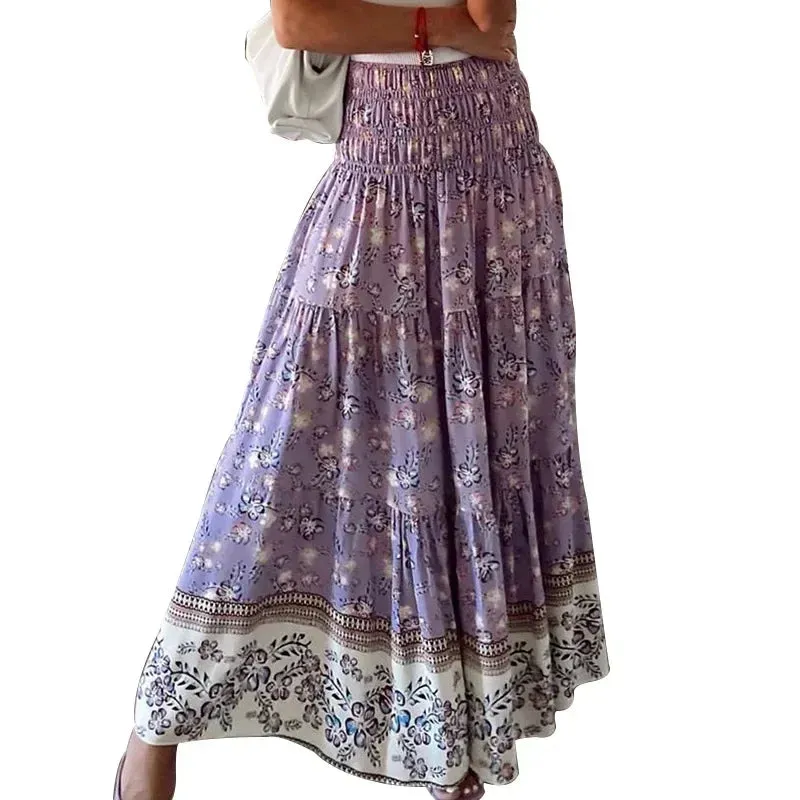 MQTIME  -  Summer New Women's Printing Skirts Elastic High Waist Long Skirt Floral Pleated A-line Boho Skirts Chic Mujer Maxi Skirts