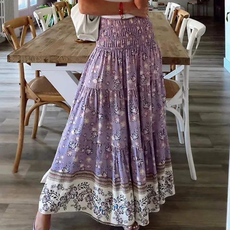 MQTIME  -  Summer New Women's Printing Skirts Elastic High Waist Long Skirt Floral Pleated A-line Boho Skirts Chic Mujer Maxi Skirts