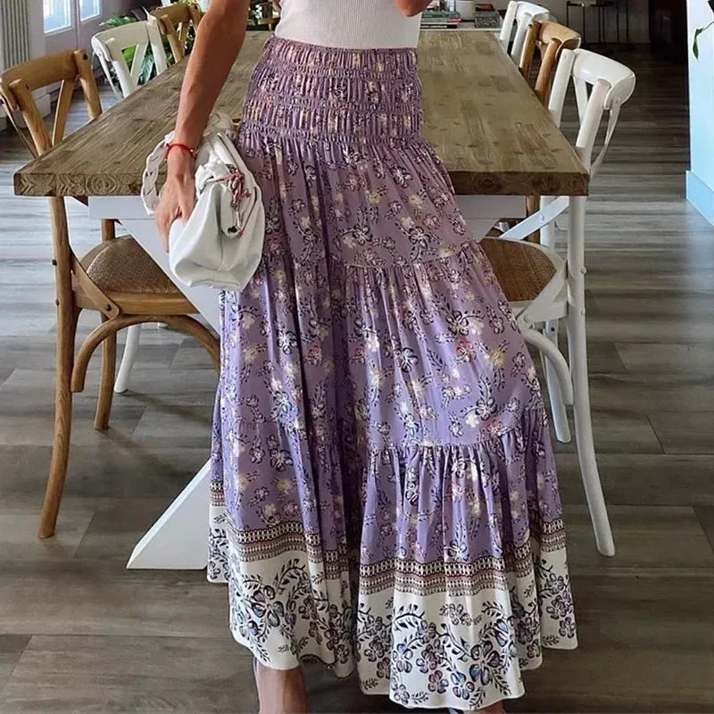 MQTIME  -  Summer New Women's Printing Skirts Elastic High Waist Long Skirt Floral Pleated A-line Boho Skirts Chic Mujer Maxi Skirts