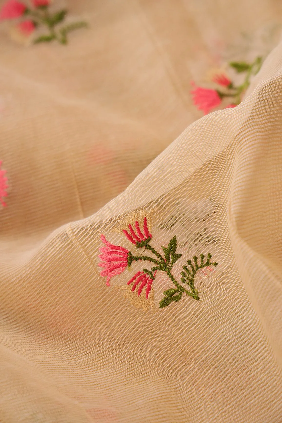 Multi Colour Floral Embroidery on Beige Kota Doria Net Fabric