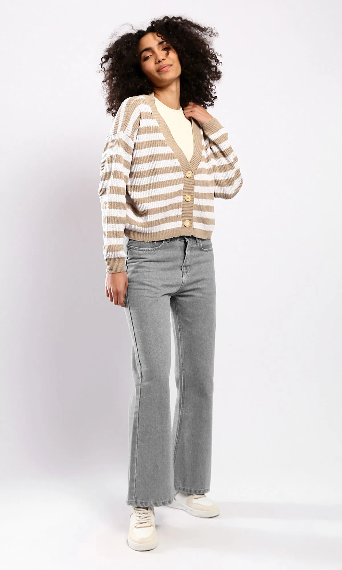 O173656 Dark Beige & White Long Sleeves Short Cardigan 