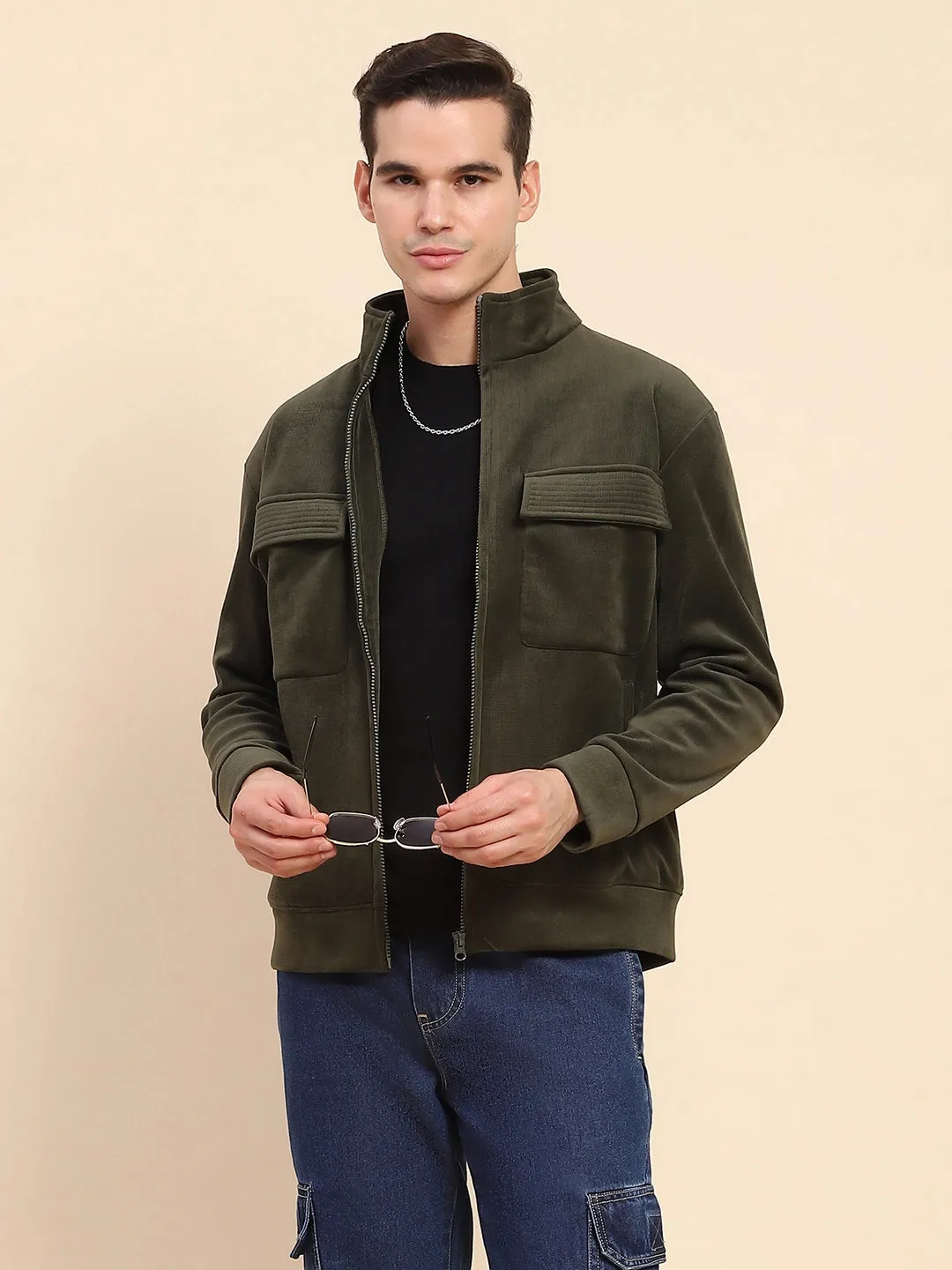 Olive Poly Blend Flap Pocket Solid Jacket