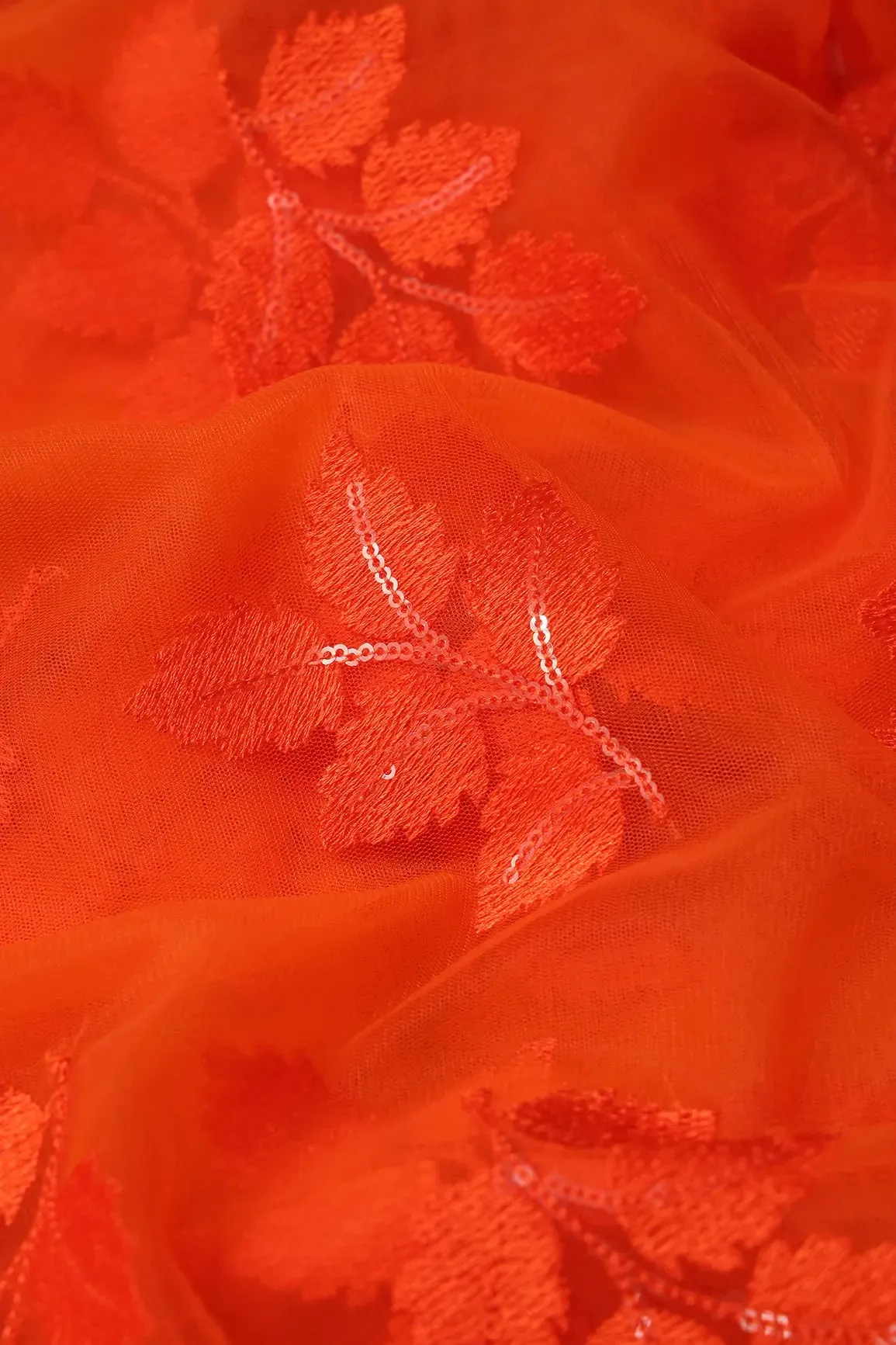 Orange Thread With Sequins Leafy Embroidery Work On Orange Soft Net Fabric