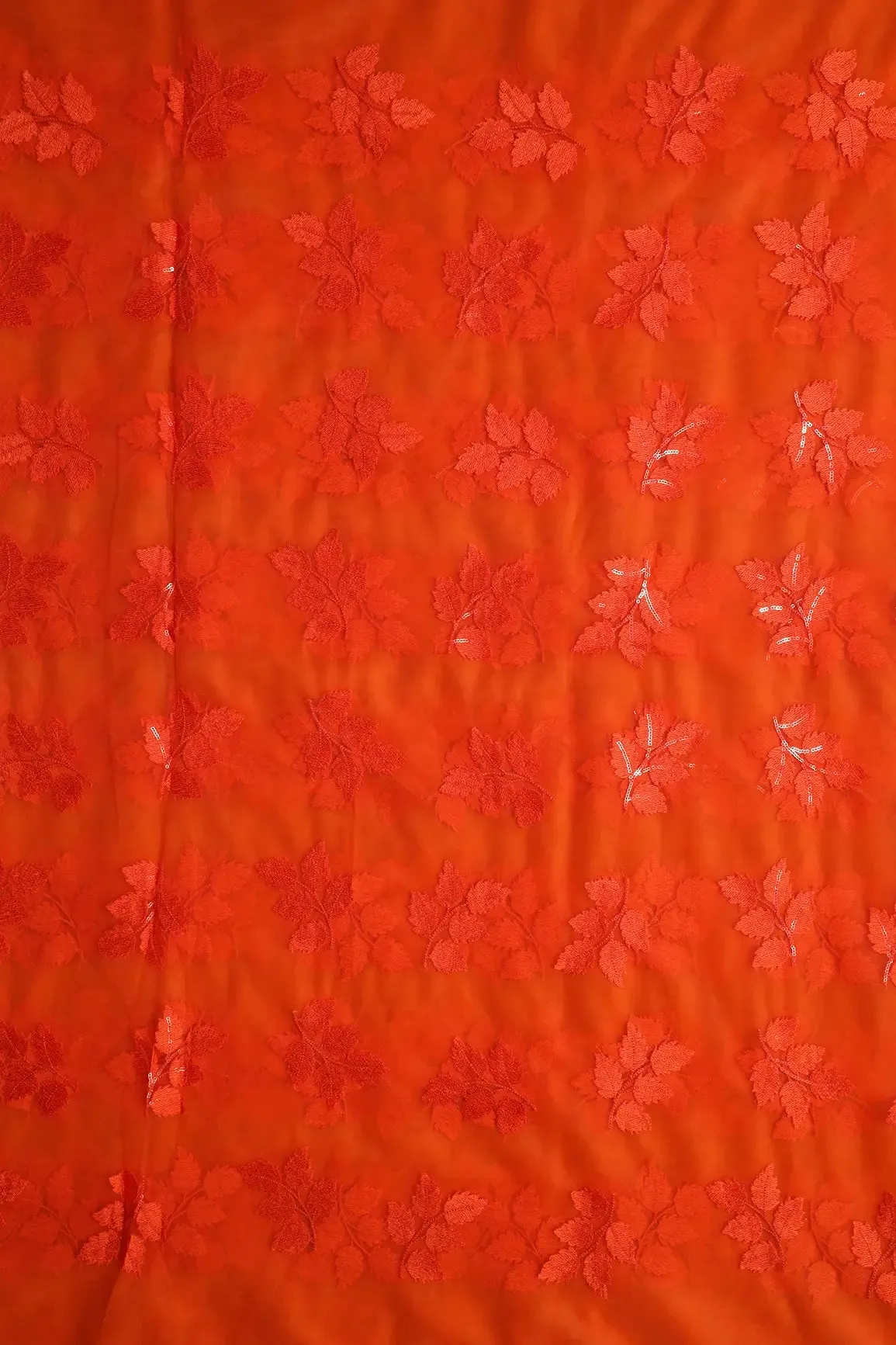 Orange Thread With Sequins Leafy Embroidery Work On Orange Soft Net Fabric