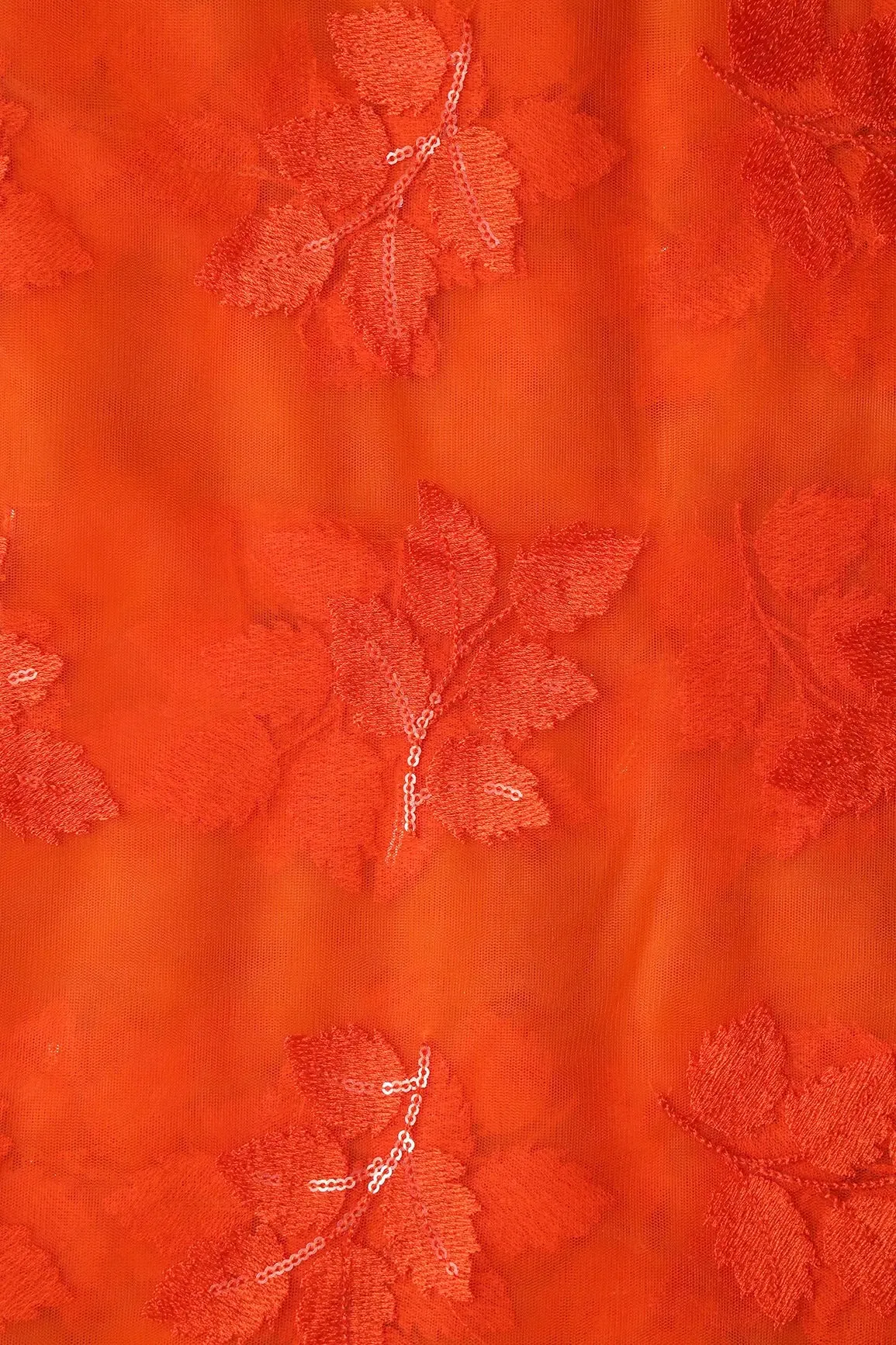 Orange Thread With Sequins Leafy Embroidery Work On Orange Soft Net Fabric