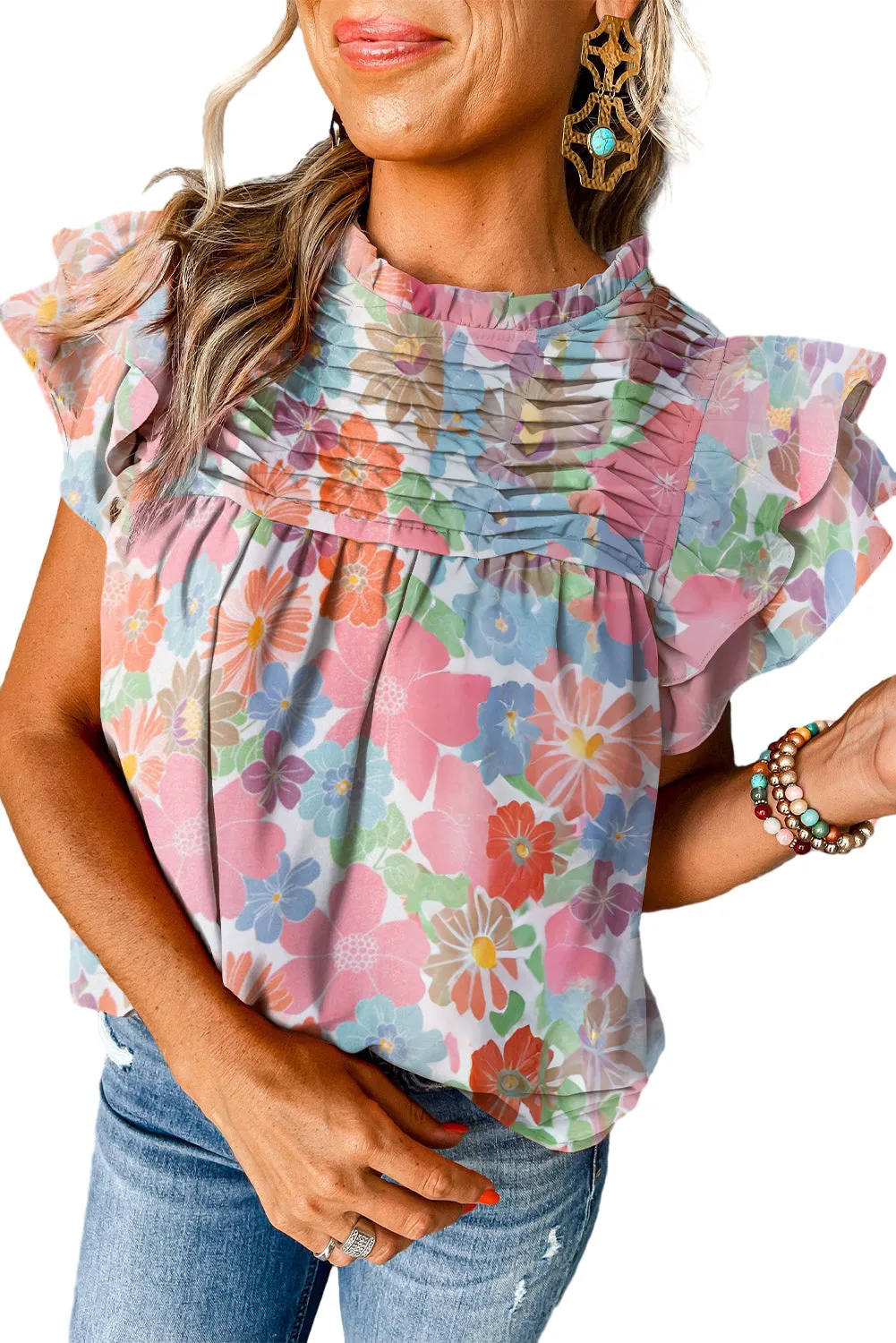 Pink Floral Ruffled Flutter Sleeve Pleated Blouse