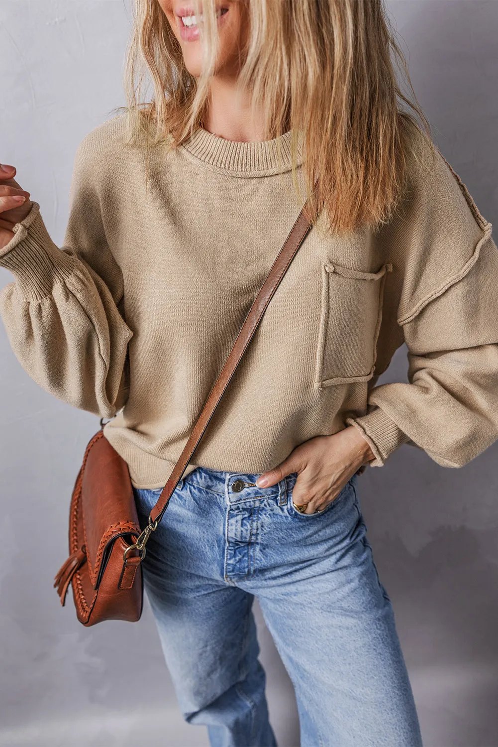 Pocket Exposed Seam Loose Sweater