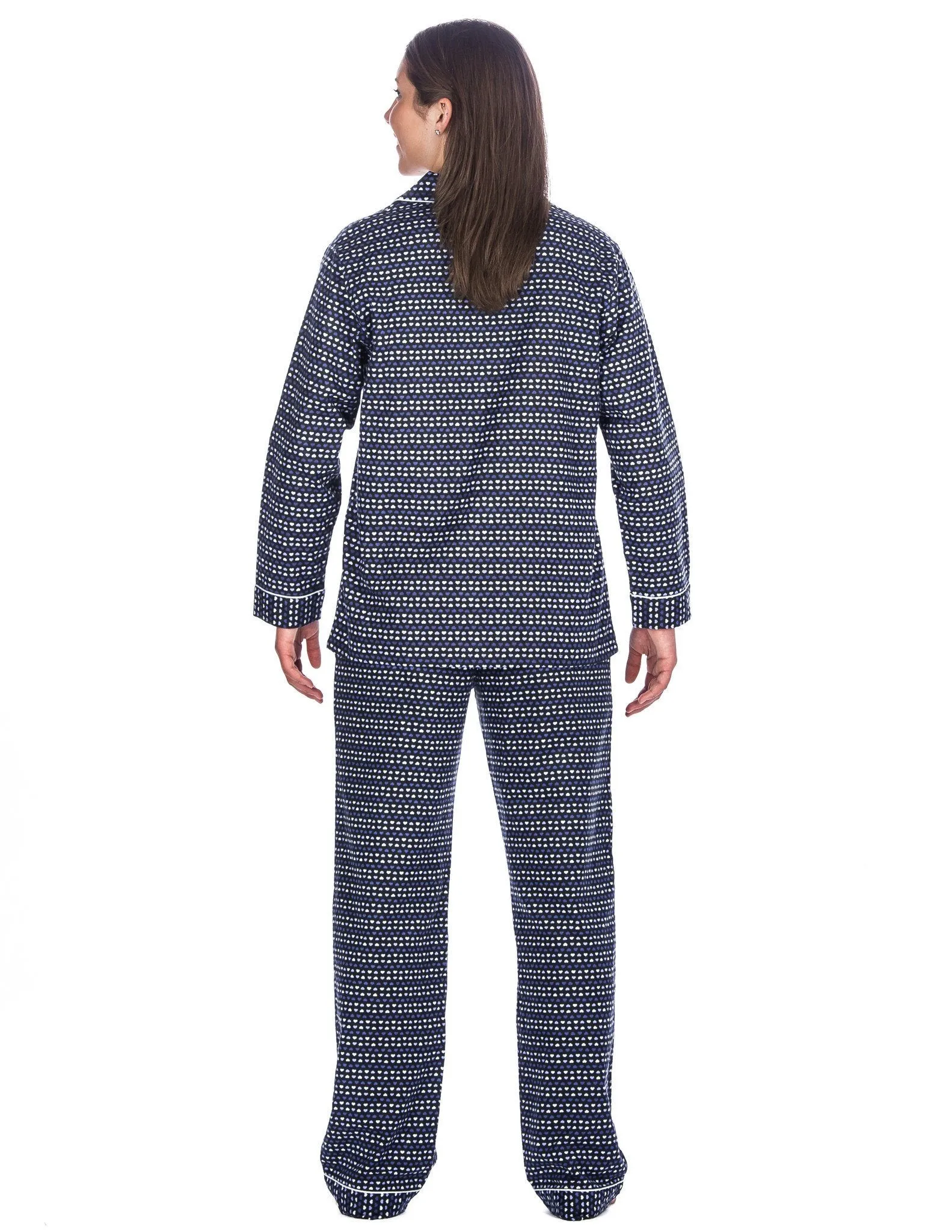 Realxed Fit Womens 100% Cotton Flannel Pajama Sleepwear Set - Hearts Blue