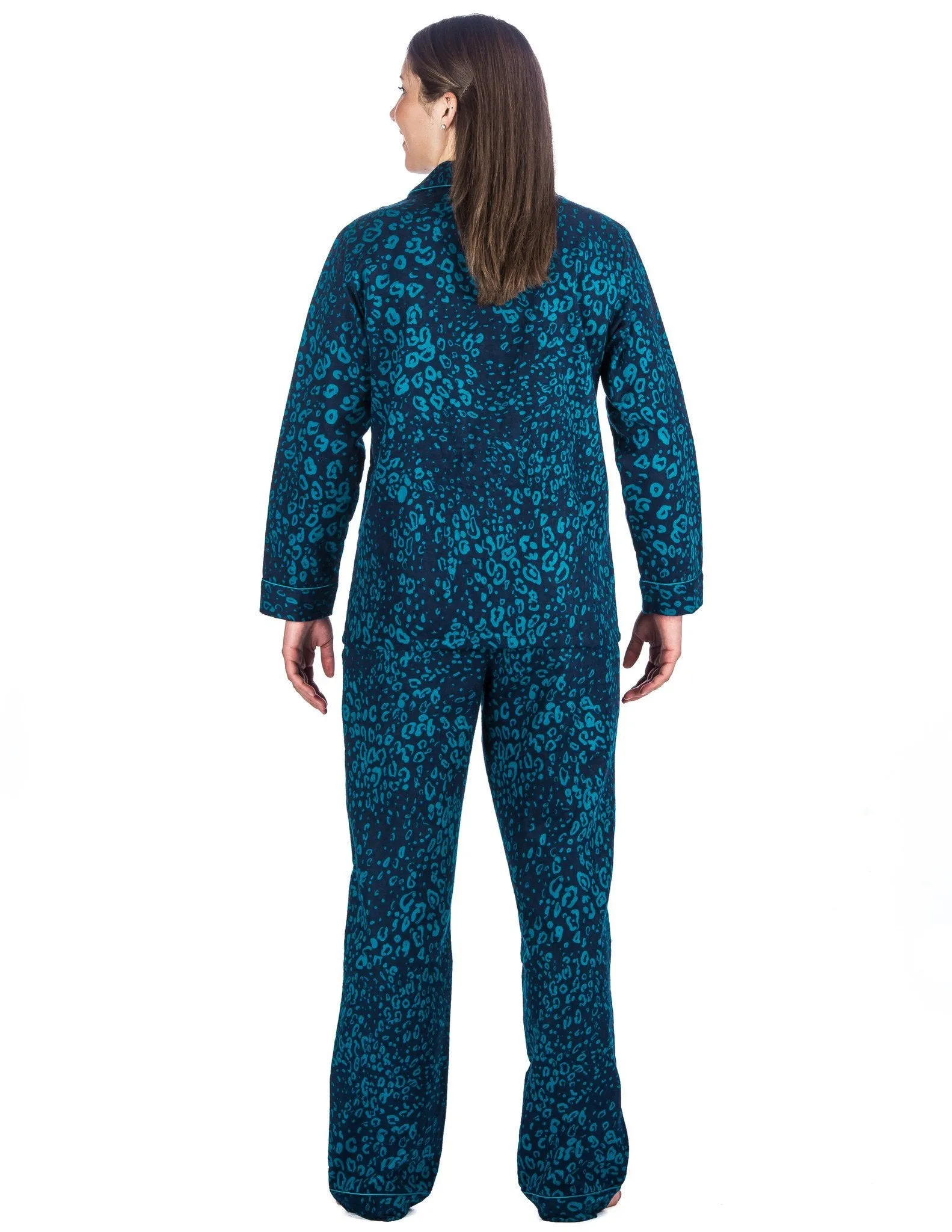 Realxed Fit Womens 100% Cotton Flannel Pajama Sleepwear Set - Leopard Blue