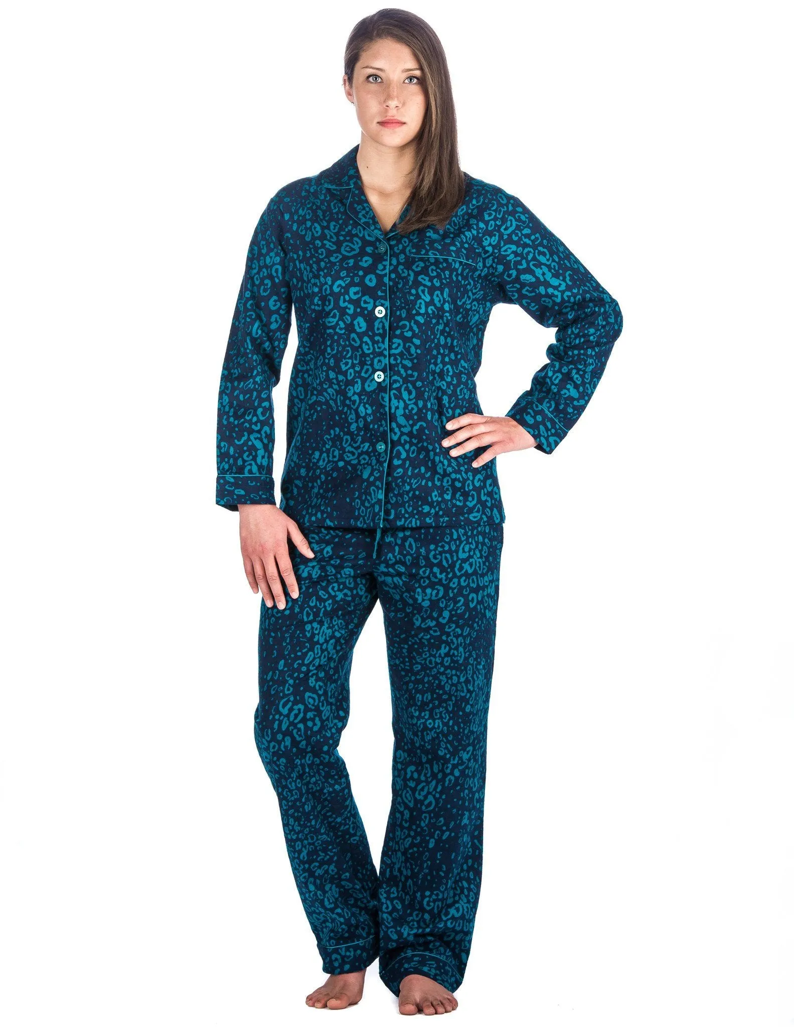 Realxed Fit Womens 100% Cotton Flannel Pajama Sleepwear Set - Leopard Blue