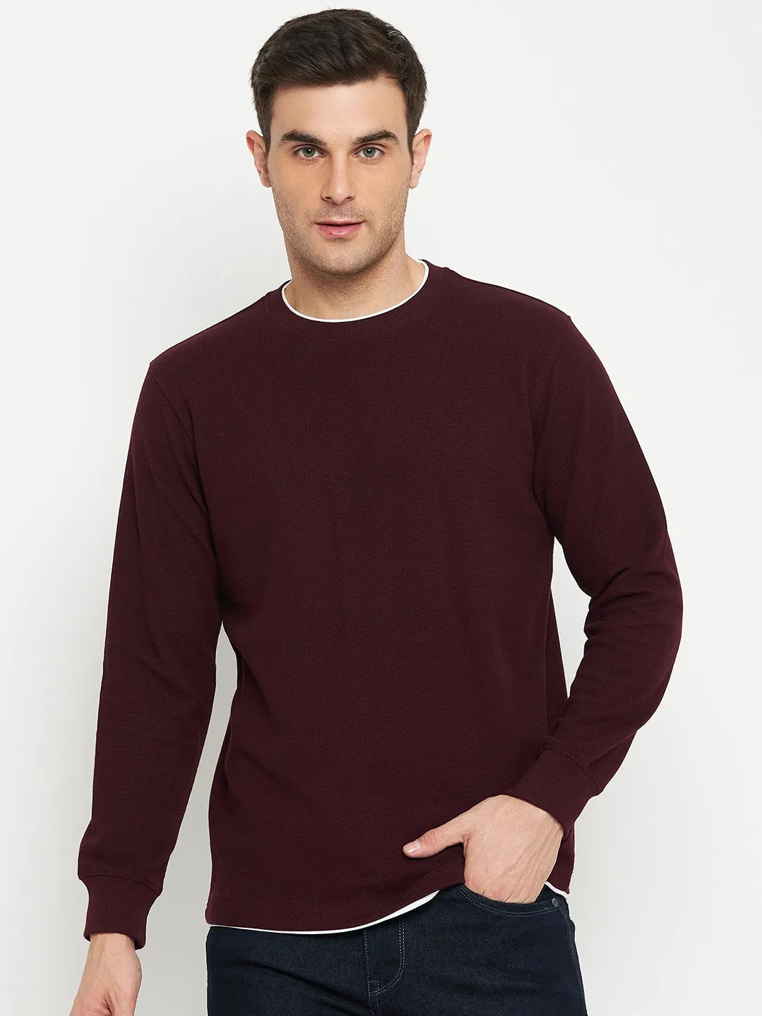 Self Design Wine Full Sleeves Round Neck Regular Fit Casual Sweatshirt for Men