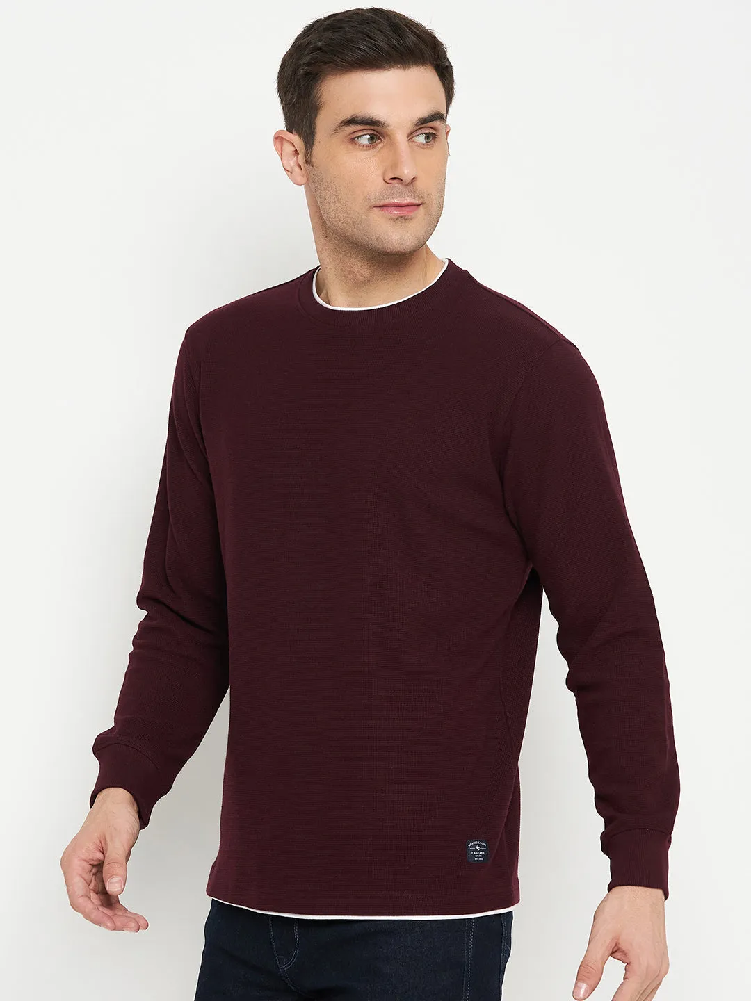 Self Design Wine Full Sleeves Round Neck Regular Fit Casual Sweatshirt for Men