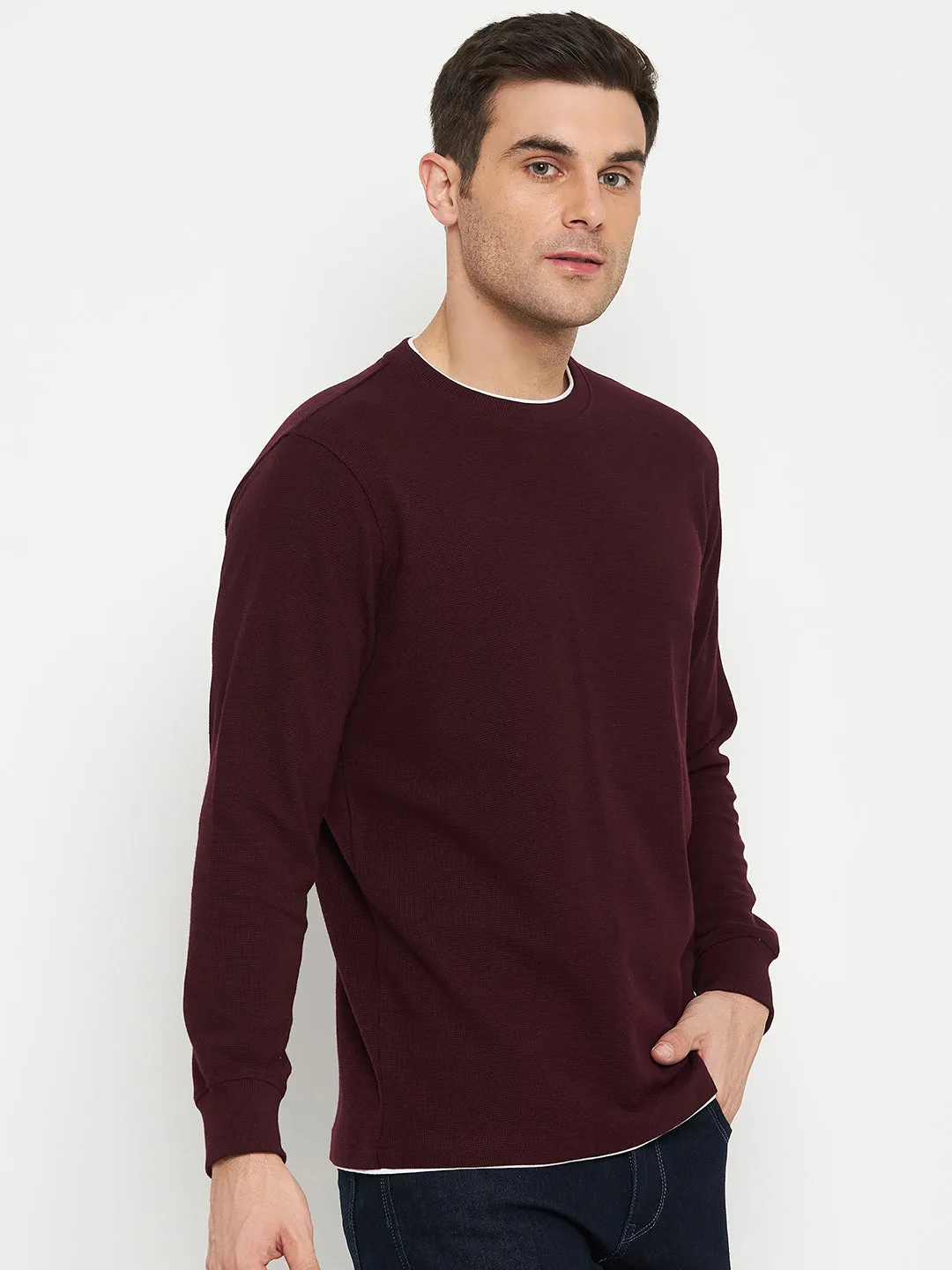 Self Design Wine Full Sleeves Round Neck Regular Fit Casual Sweatshirt for Men