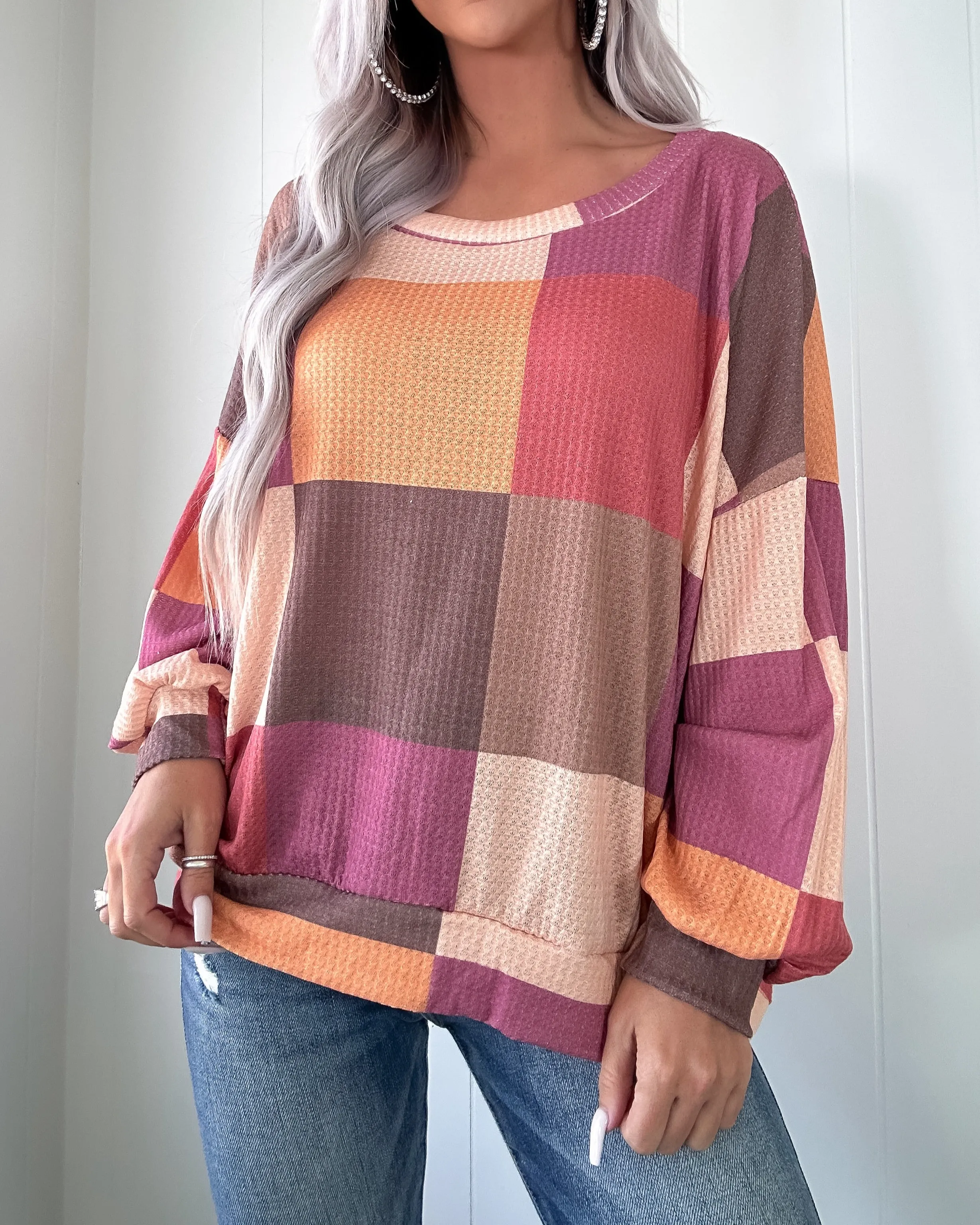 Simply Sweet Checkered Sweatshirt - Mocha/Brick