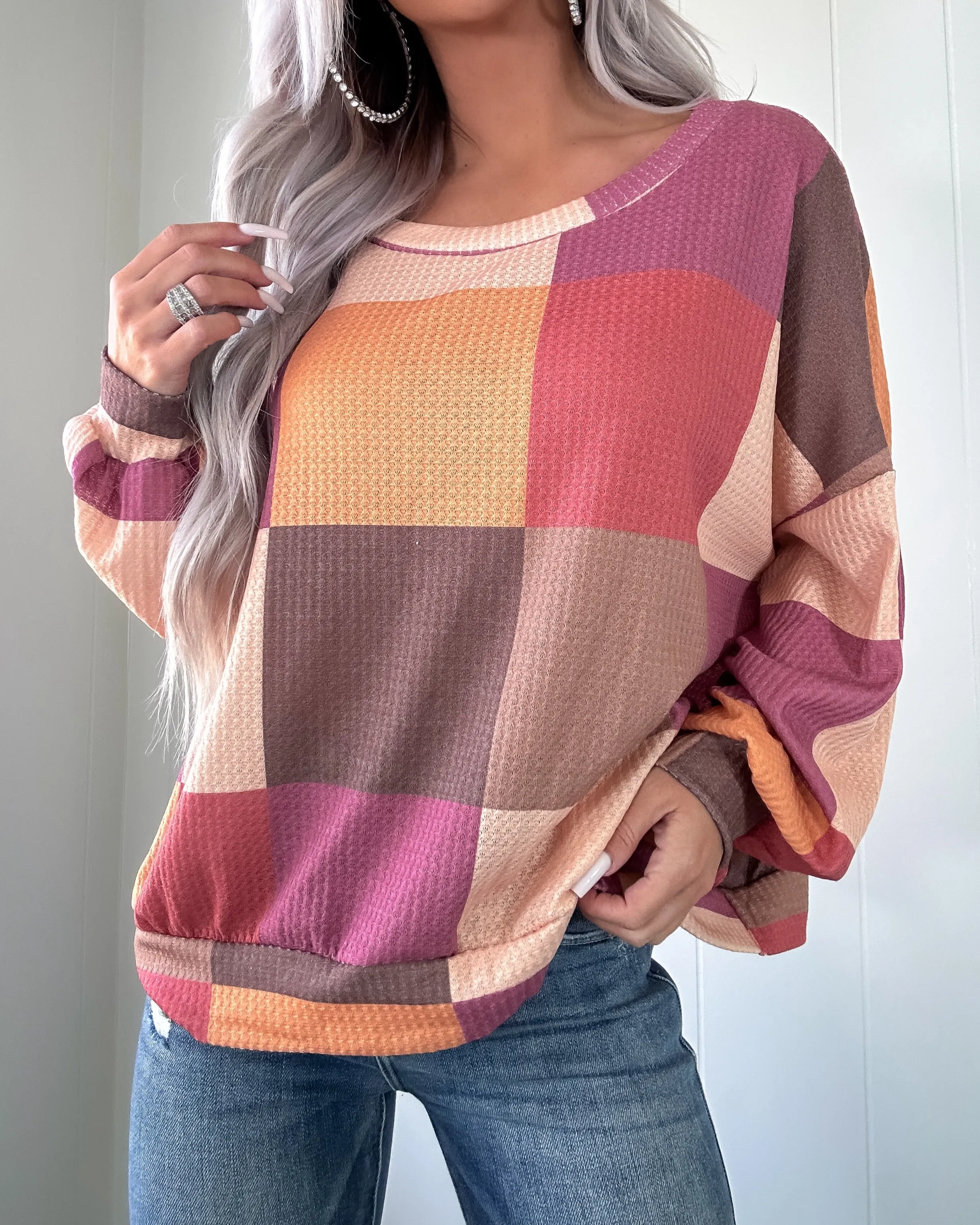 Simply Sweet Checkered Sweatshirt - Mocha/Brick