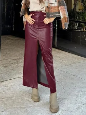 Skirts Burgundy High-slit Raised Waist PU Leather Chic Spring Long Women's Bottoms