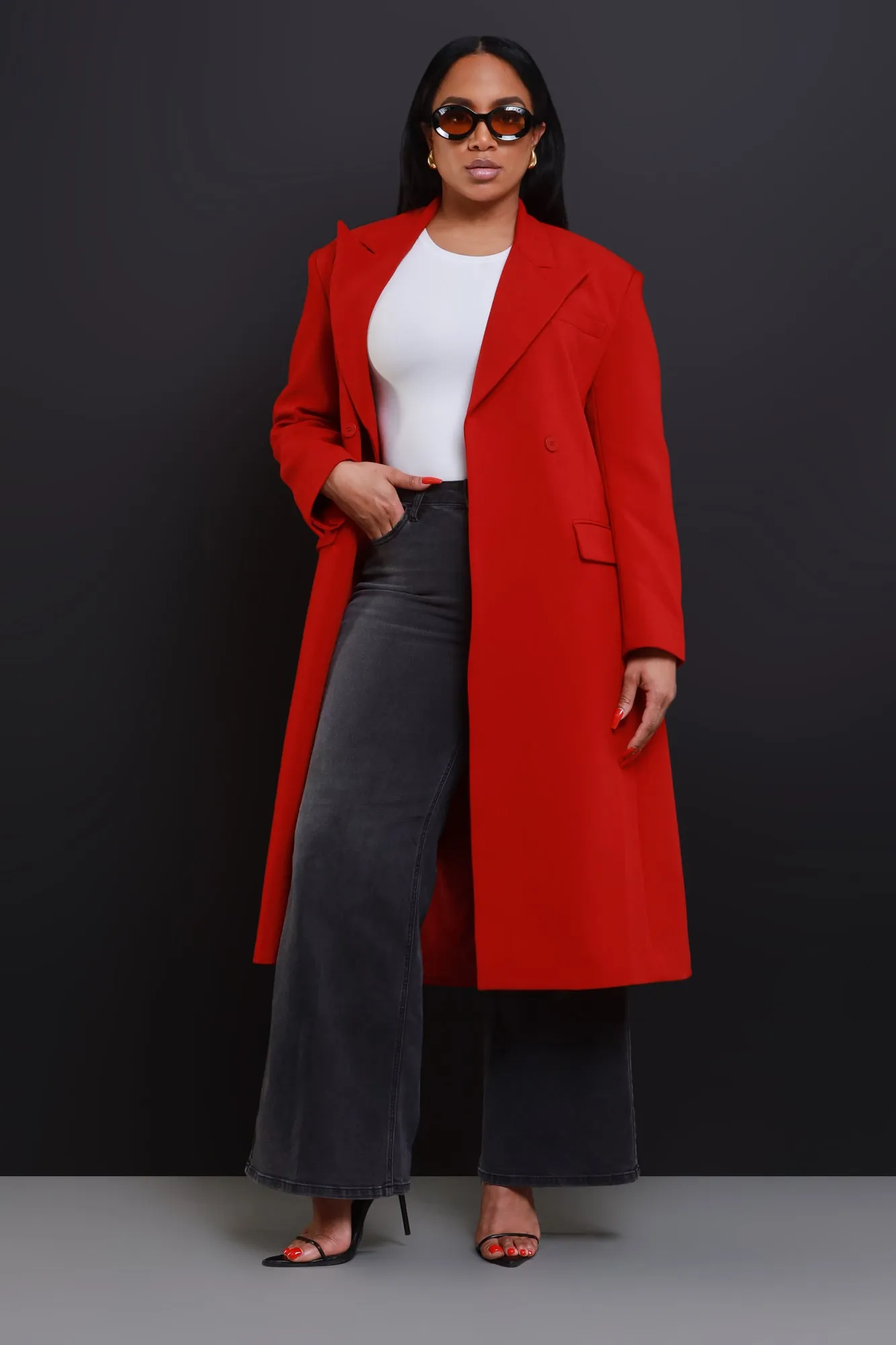 Take Notes Double Breasted Longline Coat - Red