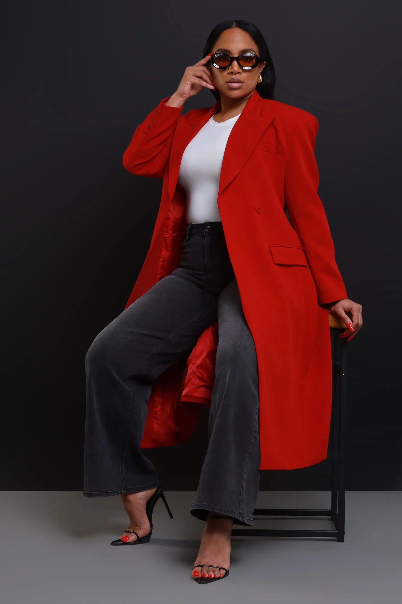 Take Notes Double Breasted Longline Coat - Red