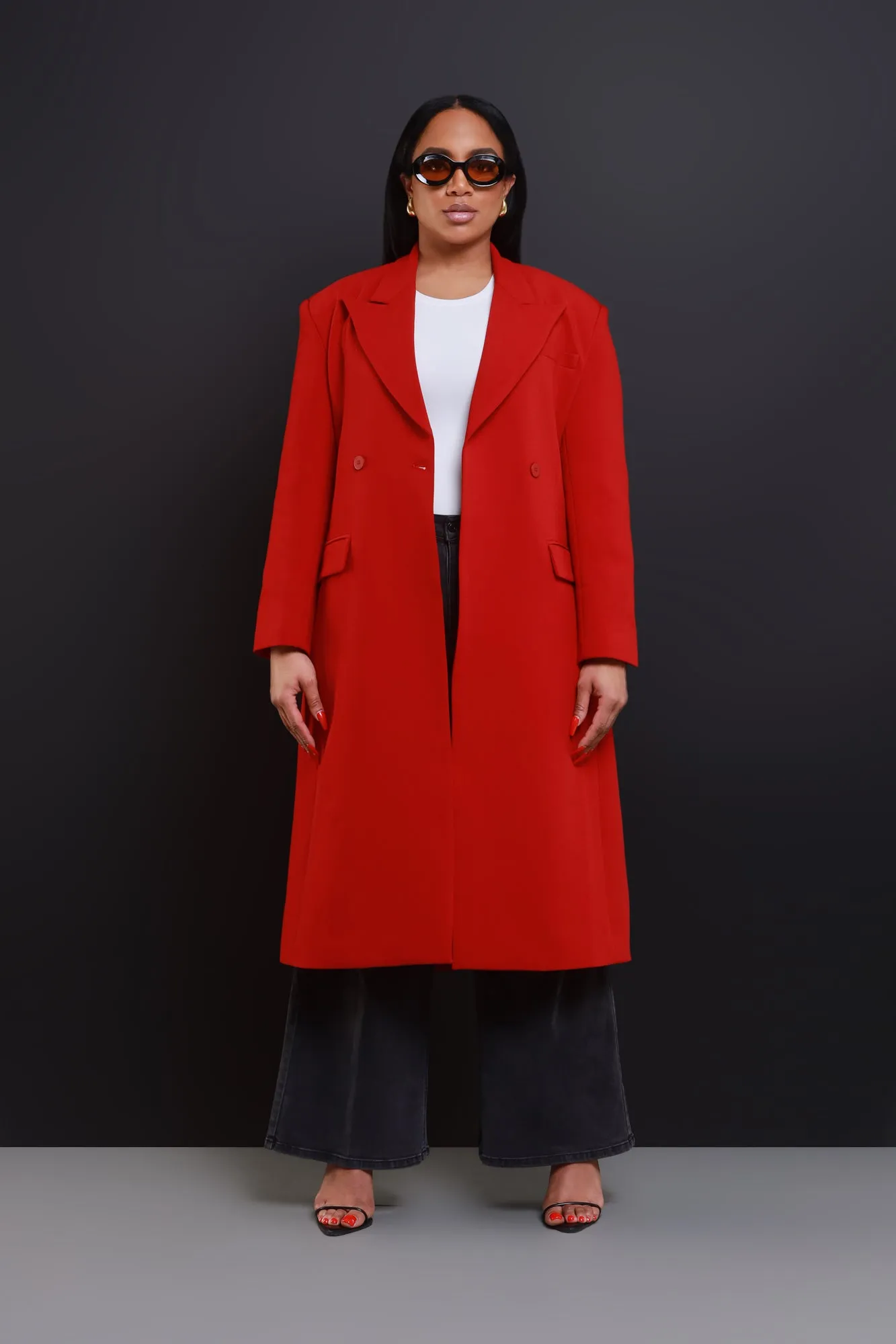 Take Notes Double Breasted Longline Coat - Red