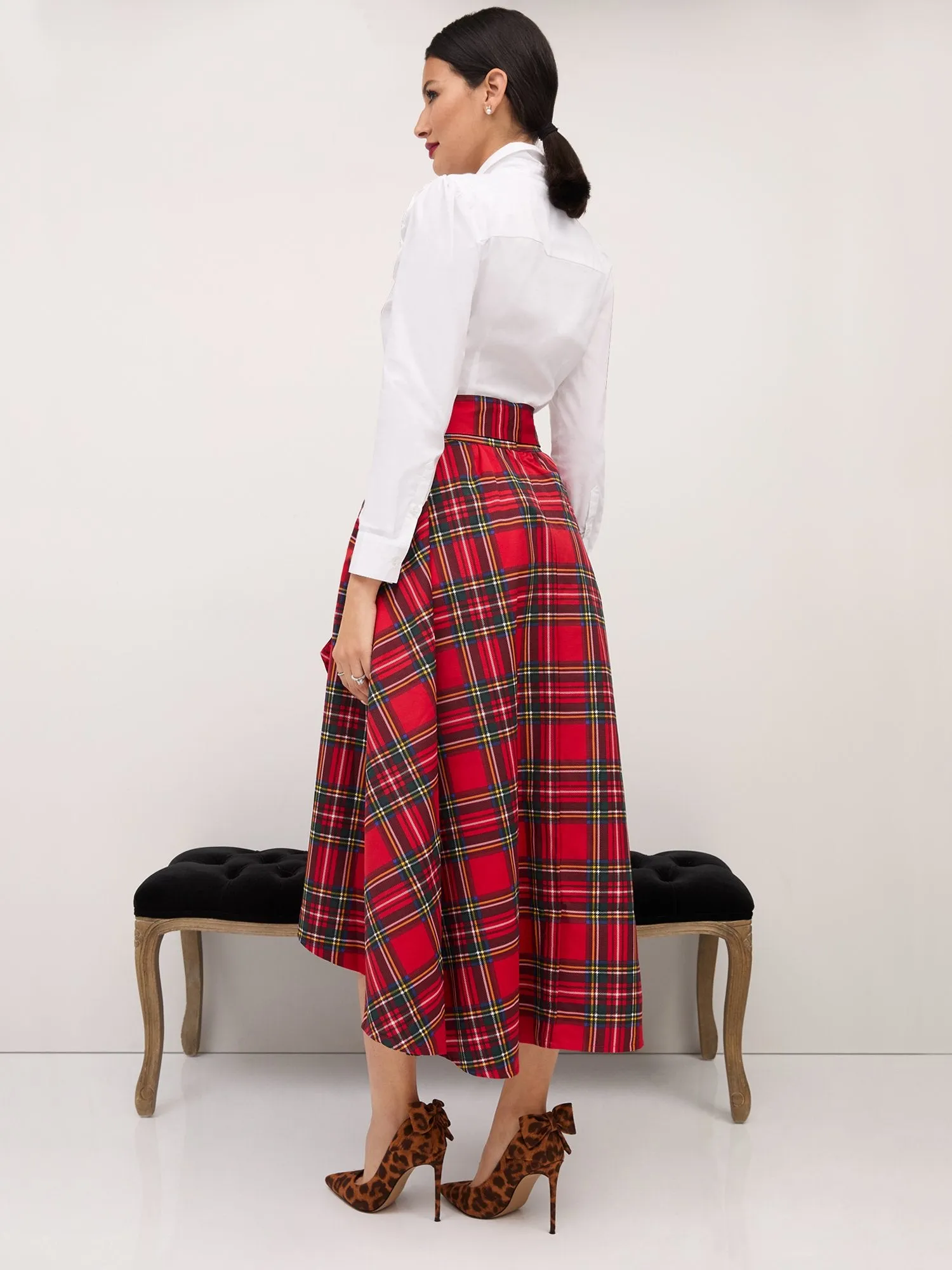 Tartan Bow-Front High-Low Maxi Skirt