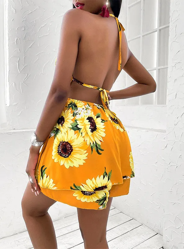 TastyHottie - Trendy Sleeveless Drawstring Sunflower Dress