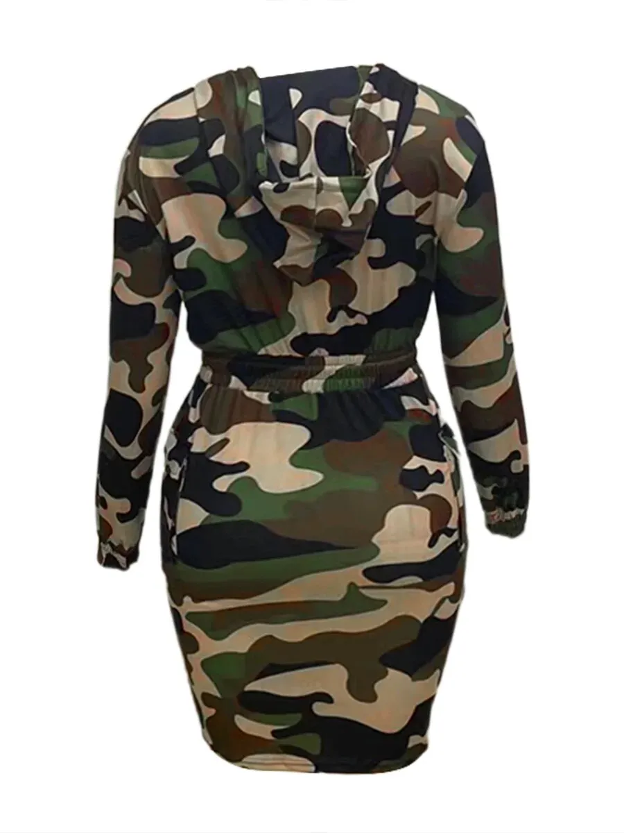 Trendy Army Print Side Pocket Hooded Dress