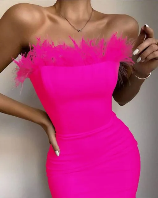 Trendy Bandage Strapless Feather Dress