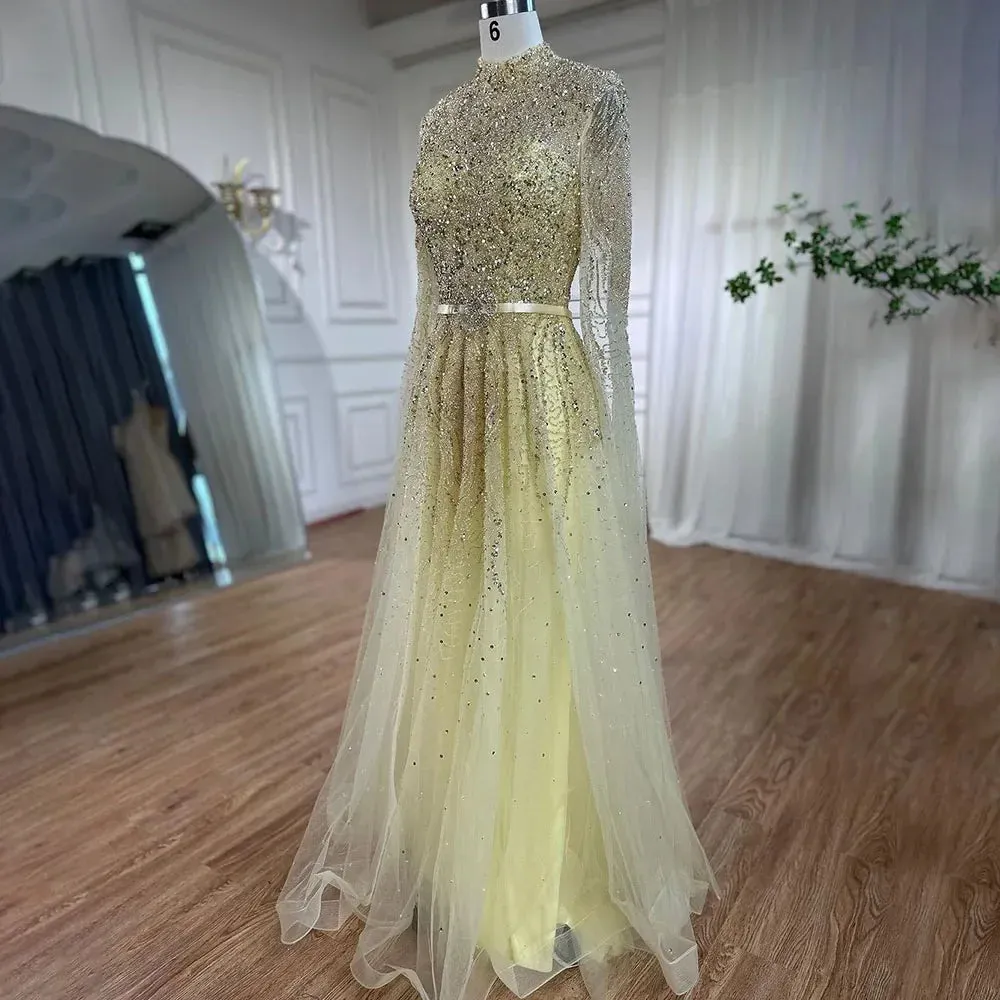 Trendy Cape Sleeves Beaded Formal Dress