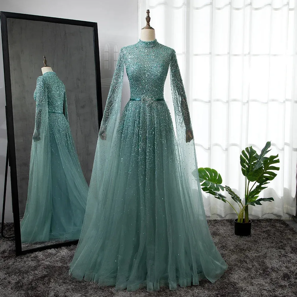 Trendy Cape Sleeves Beaded Formal Dress