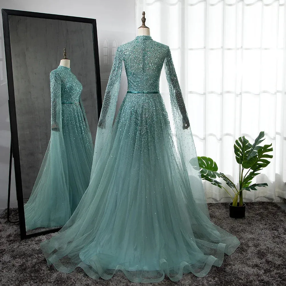 Trendy Cape Sleeves Beaded Formal Dress