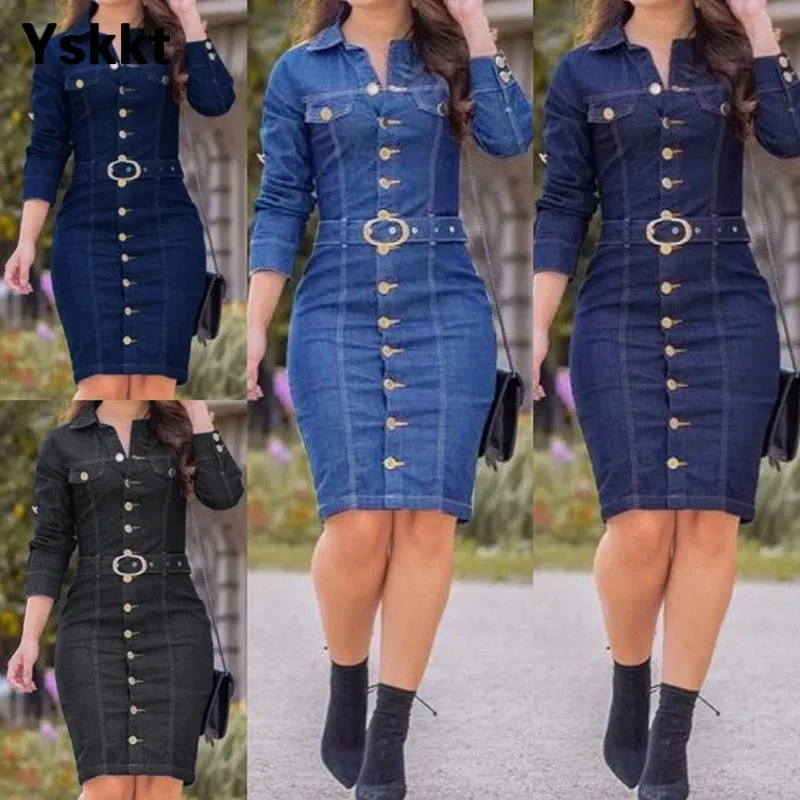 Trendy Denim Button Belt Dress