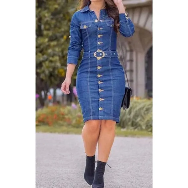 Trendy Denim Button Belt Dress