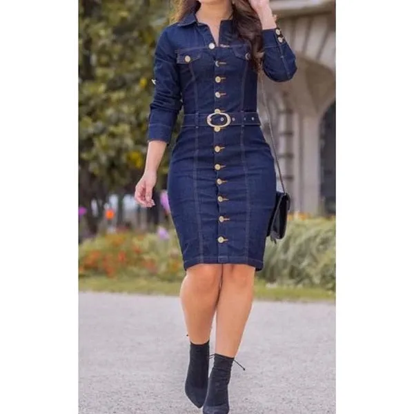 Trendy Denim Button Belt Dress