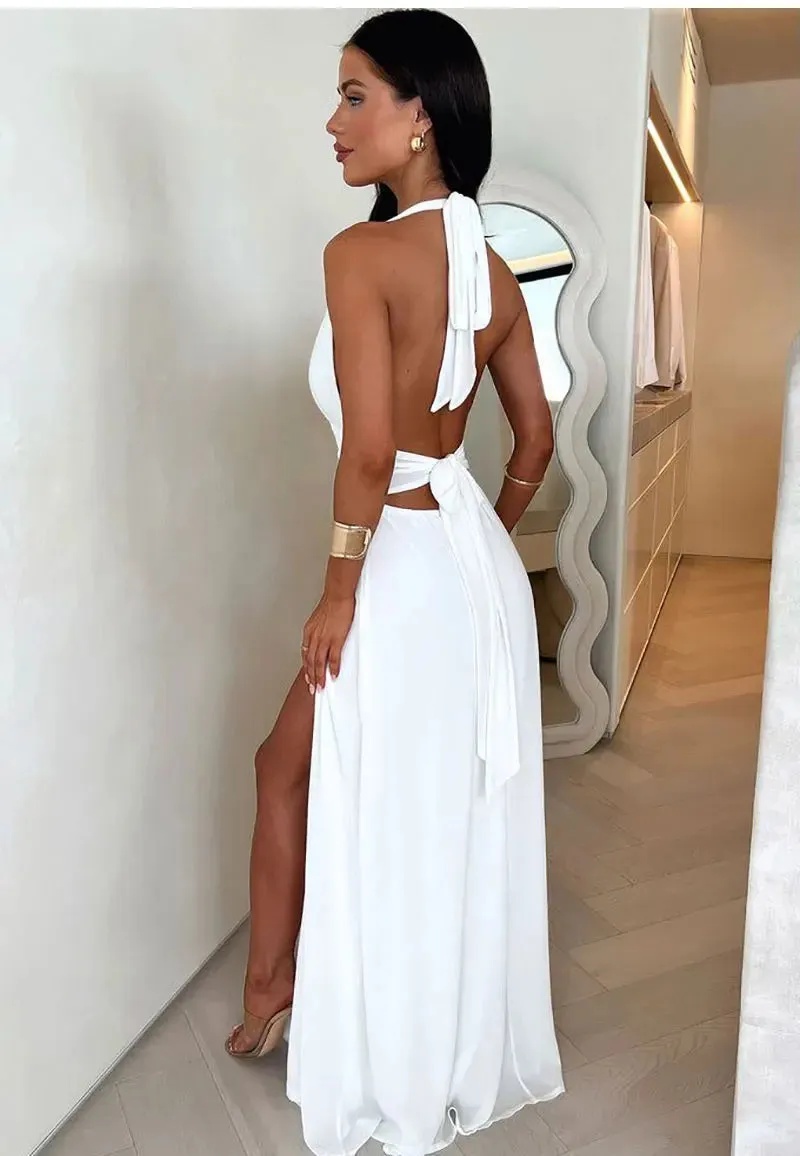 Trendy High Slit Maxi Dress – Plunge Halter Style