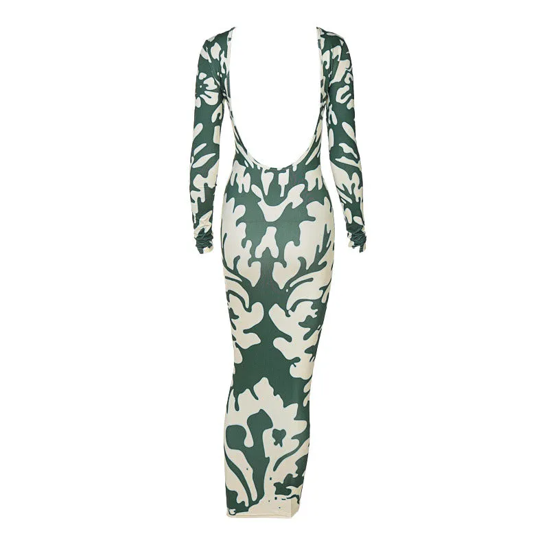 Trendy Long Sleeve Camo Print Backless Maxi Dress - Green